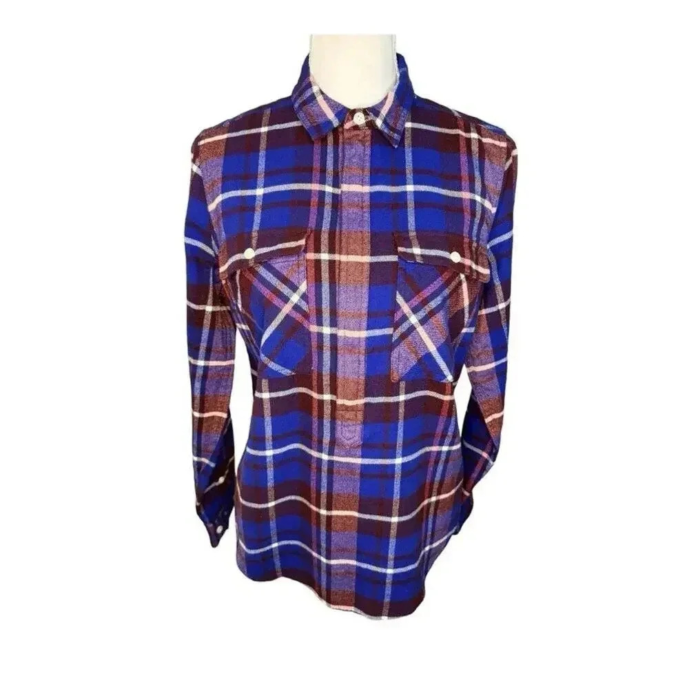J. Crew Women's XS Blue‎ Plaid Flannel Button-Up Shirt Long Sleeve Collared